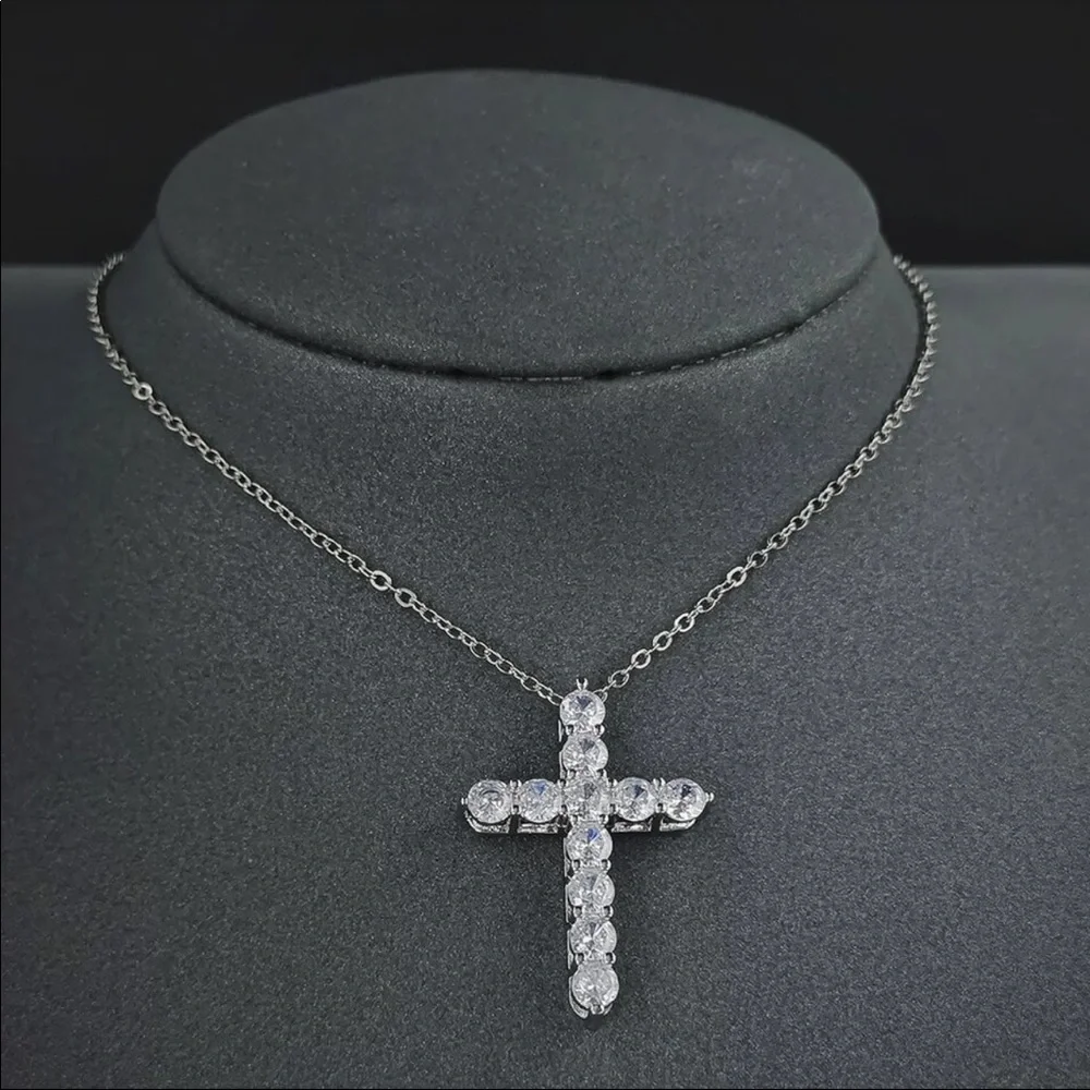 New Women Men 925 Silver Diamond Cross Necklace